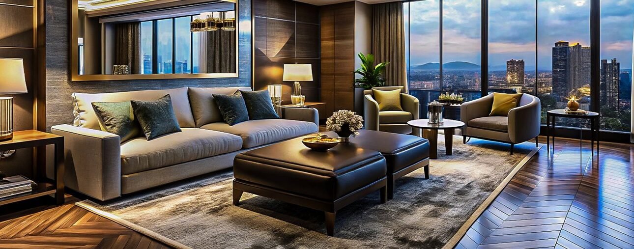 Luxurious living room with city view and elegant decor