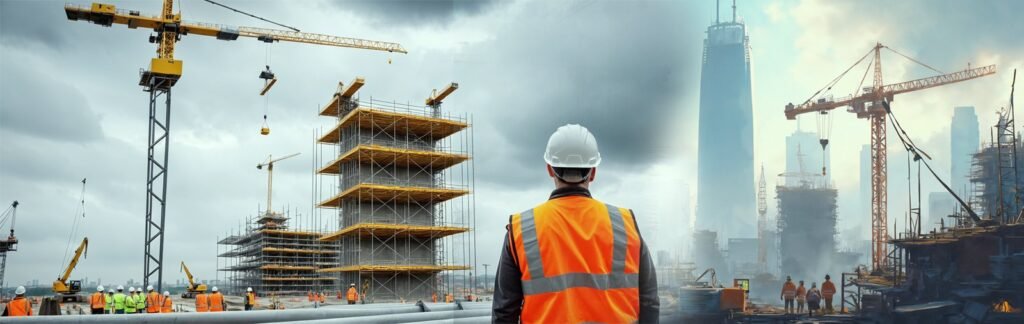 Urban construction site with cranes, scaffolding, and workers